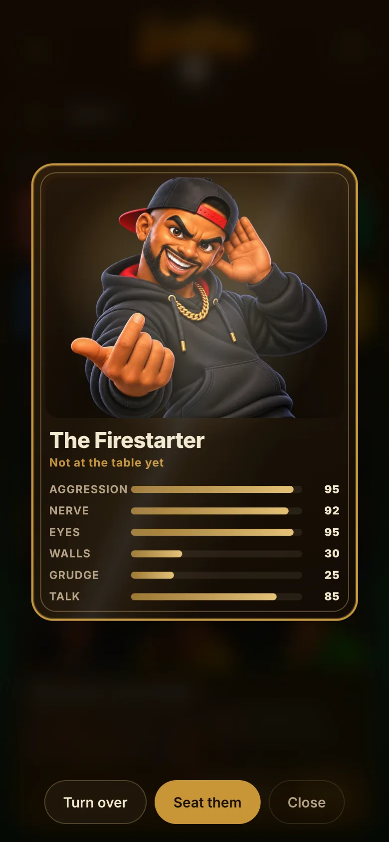 A character card showing six statistics with bars.