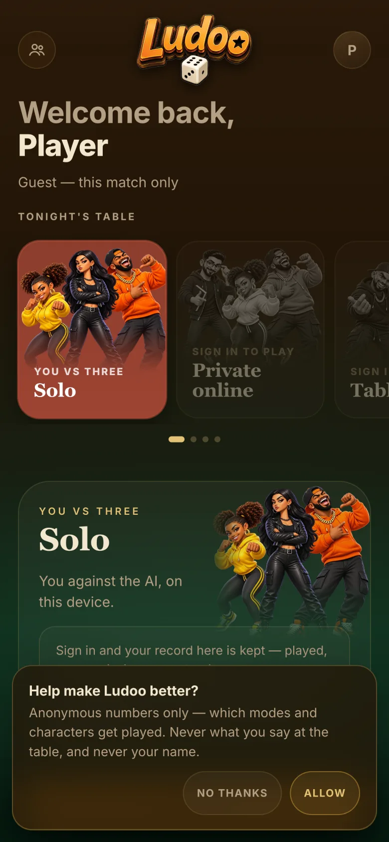 The home screen: a rail of mode cards with a group of characters on each.