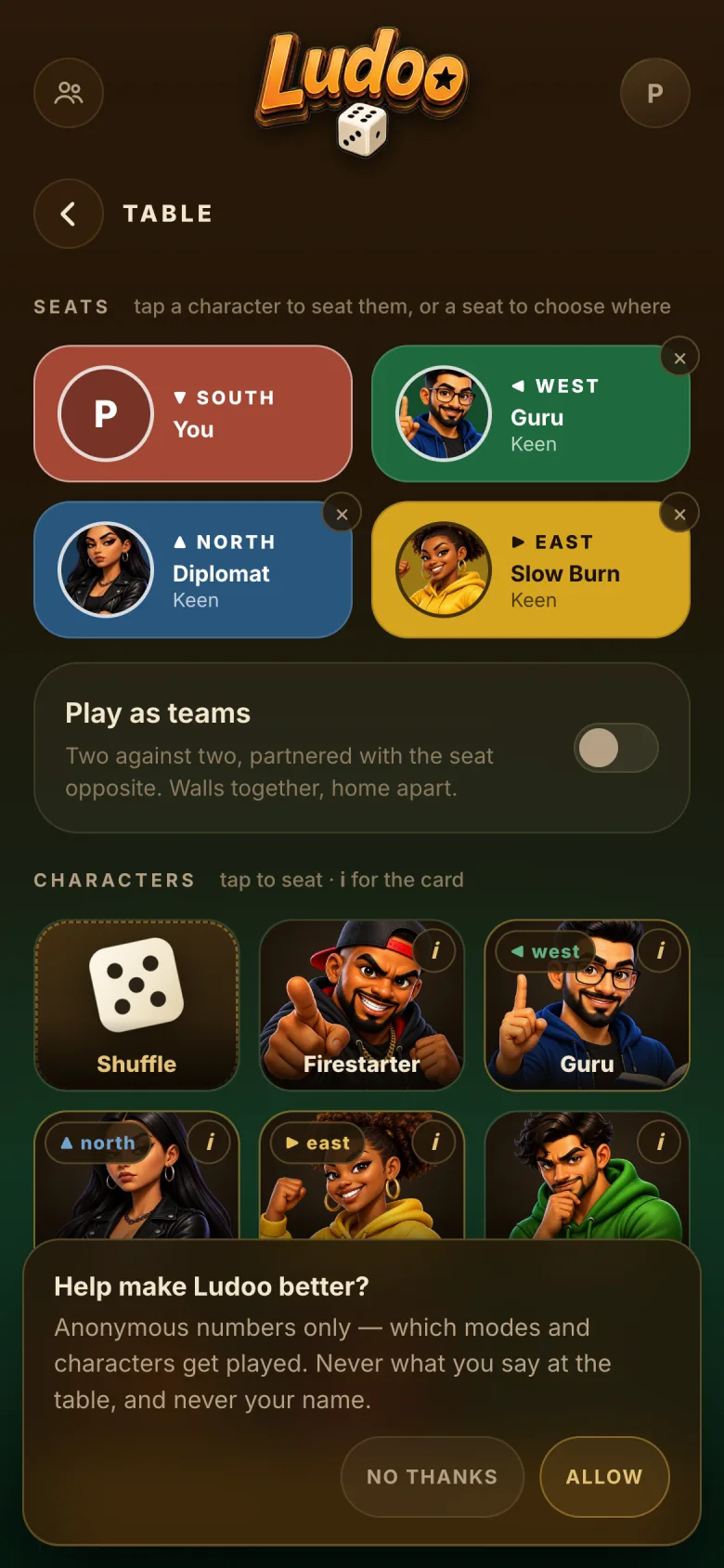The table screen: four seats in their colours, and the cast of characters below.